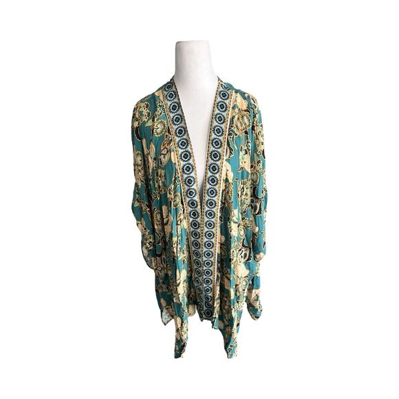 Knox Rose Woman’s XL/XXL Kimono Cardigan Turquoise Floral Boho Open Front - Picture 1 of 3